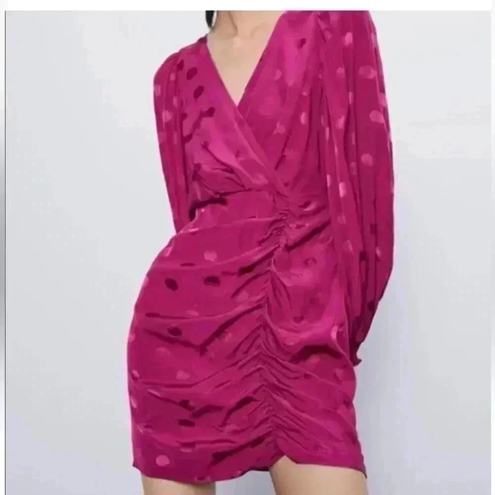 ZARA SHORT PINK FUCHSIA BARBIE POLKA DOT SATIN DRESS BALLOON SLEEVES Small